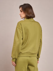 Women Olive Fleece Front Zipper Sweatshirt-SFSWSH7465