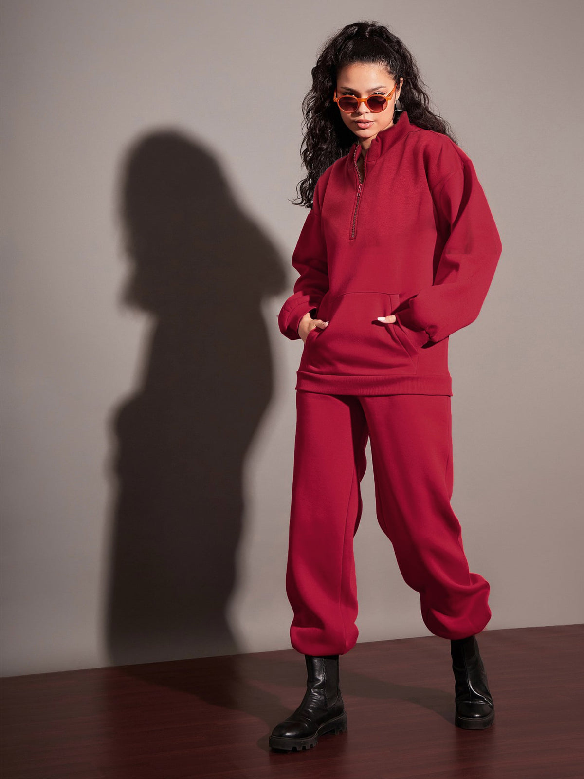 Women Maroon Fleece Front Zipper Sweatshirt With Joggers-SFSWSH7466_SFPANT50728