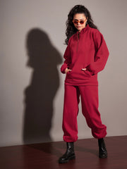 Women Maroon Fleece Front Zipper Sweatshirt With Joggers-SFSWSH7466_SFPANT50728