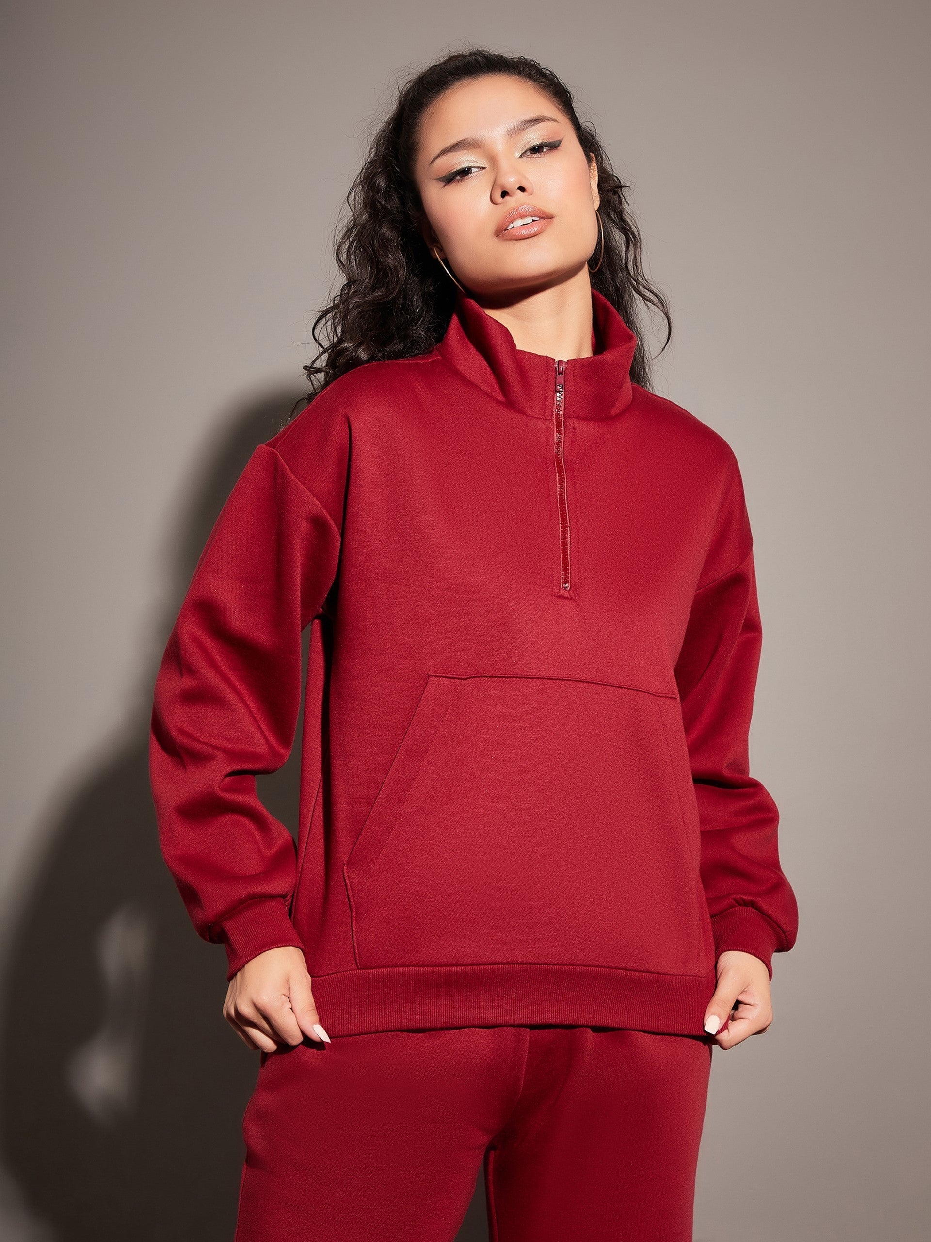 Women Maroon Fleece Front Zipper Sweatshirt With Joggers-SFSWSH7466_SFPANT50728