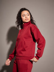 Women Maroon Fleece Front Zipper Sweatshirt With Joggers-SFSWSH7466_SFPANT50728