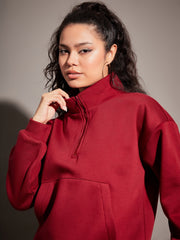 Women Maroon Fleece Front Zipper Sweatshirt With Joggers-SFSWSH7466_SFPANT50728
