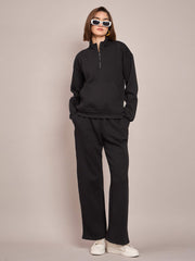 Women Black Fleece Front Zipper Sweatshirt With Track Pant-SFSWSH7468_SFPANT50686