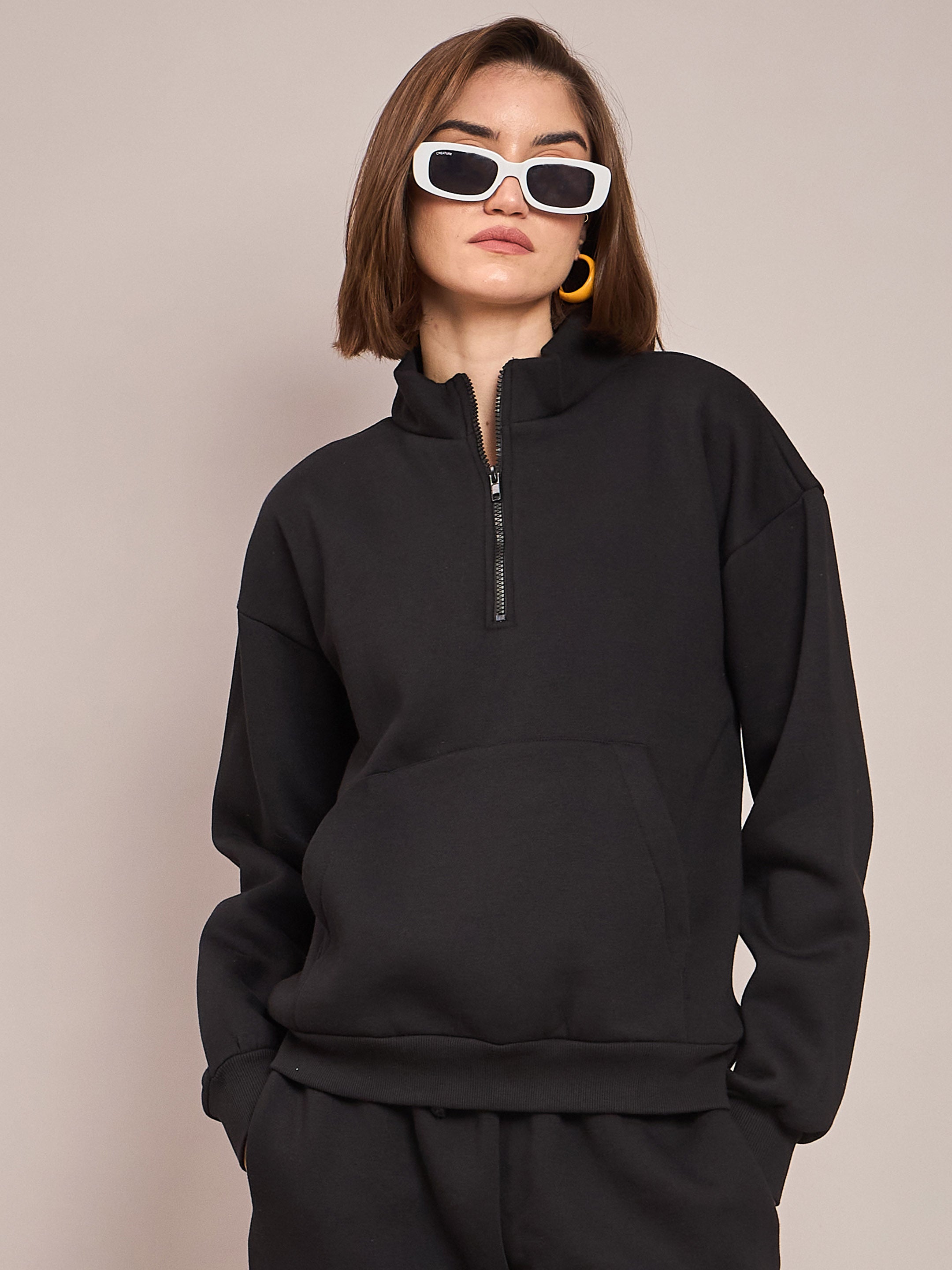 Women Black Fleece Front Zipper Sweatshirt With Track Pant-SFSWSH7468_SFPANT50686