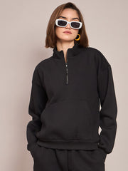 Women Black Fleece Front Zipper Sweatshirt With Track Pant-SFSWSH7468_SFPANT50686