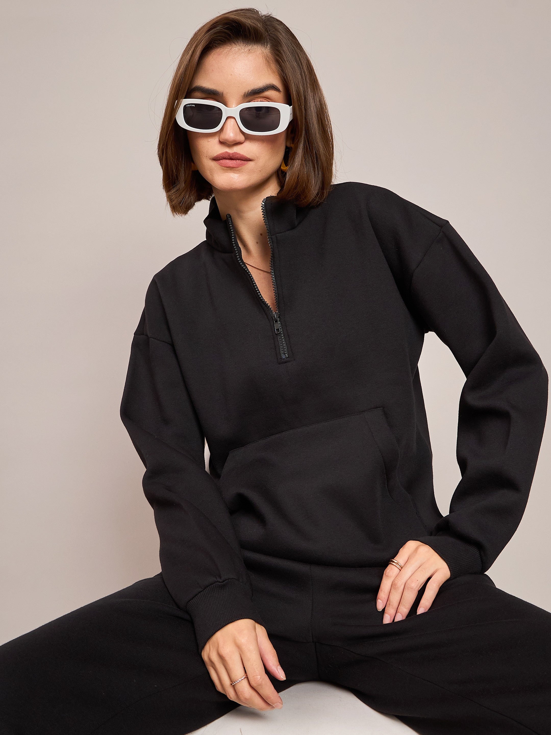 Women Black Fleece Front Zipper Sweatshirt With Track Pant-SFSWSH7468_SFPANT50686