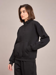 Women Black Fleece Front Zipper Sweatshirt With Track Pant-SFSWSH7468_SFPANT50686