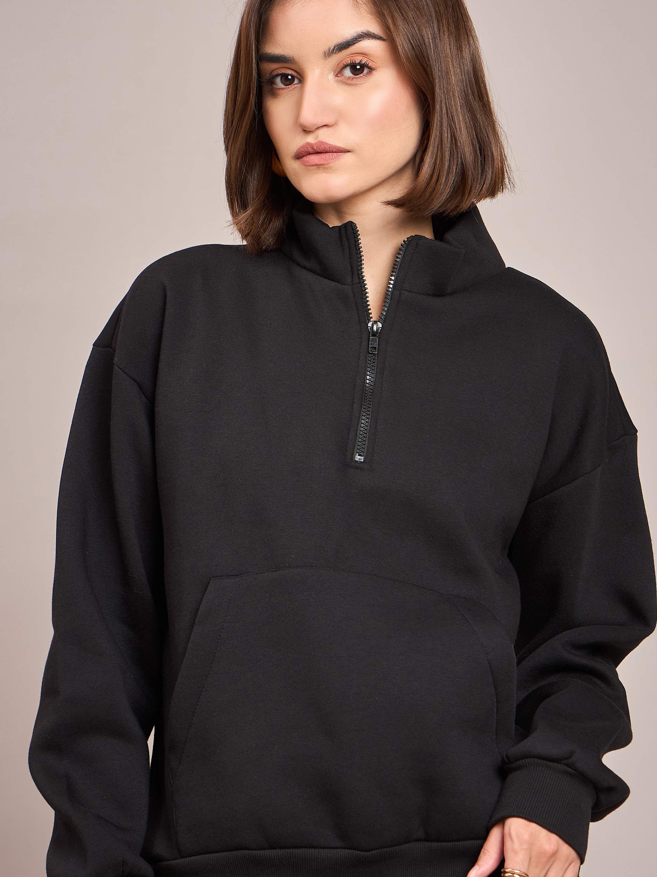 Women Black Fleece Front Zipper Sweatshirt With Track Pant-SFSWSH7468_SFPANT50686