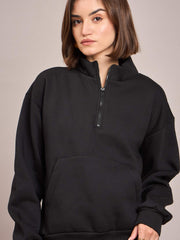 Women Black Fleece Front Zipper Sweatshirt With Track Pant-SFSWSH7468_SFPANT50686