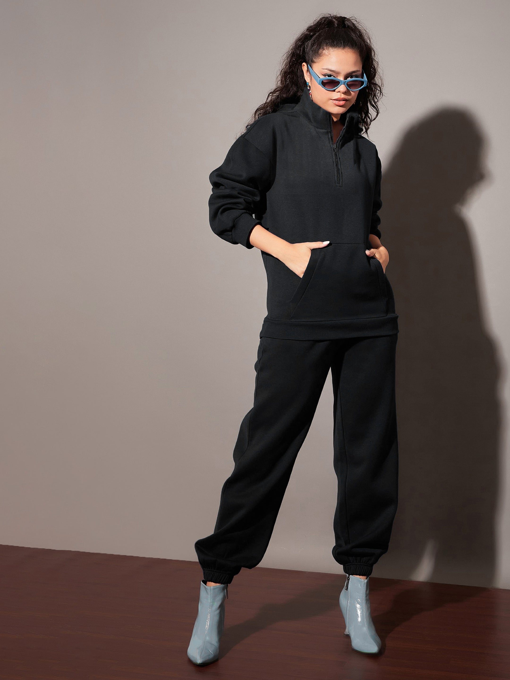 Women Black Fleece Sweatshirt With Joggers-SFSWSH7468_SFPANT50730