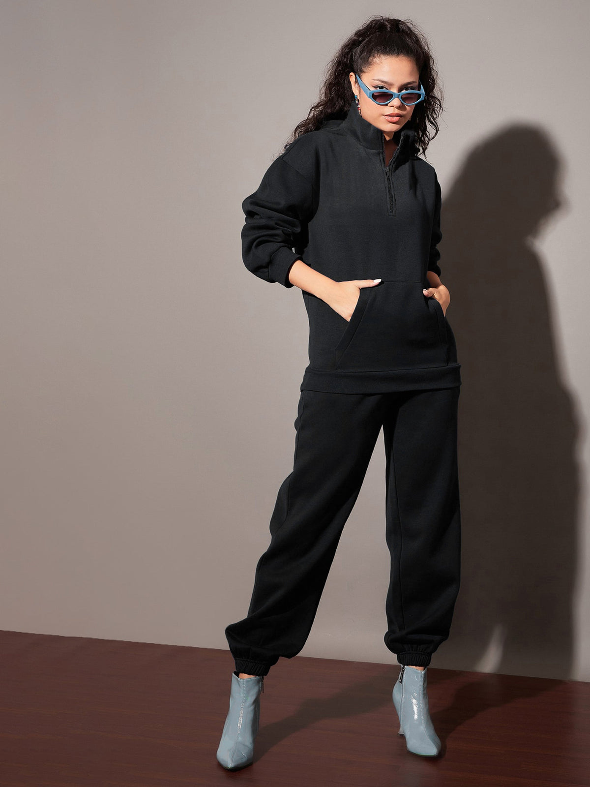 Women Black Fleece Sweatshirt With Joggers-SFSWSH7468_SFPANT50730