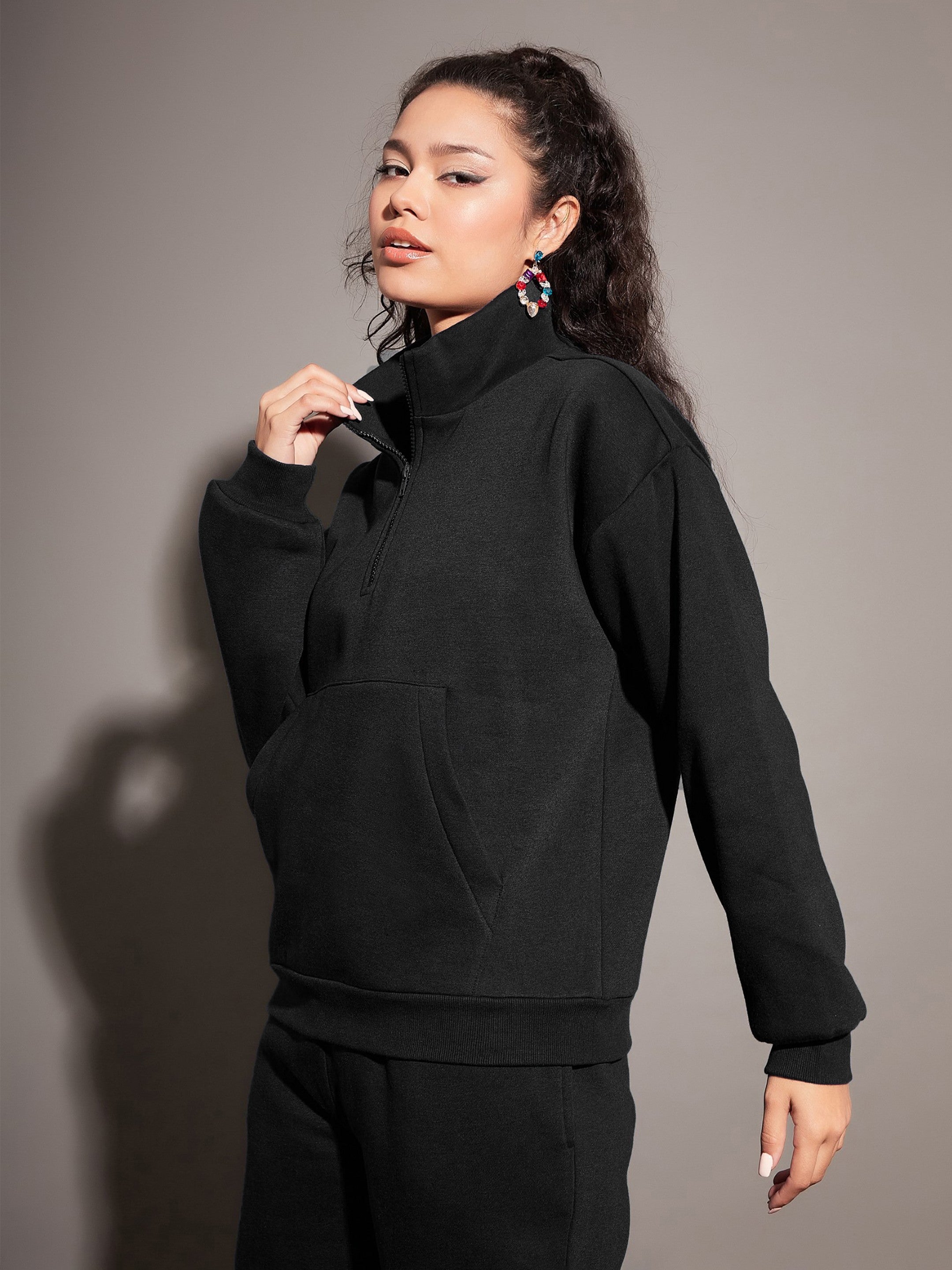 Women Black Fleece Sweatshirt With Joggers-SFSWSH7468_SFPANT50730