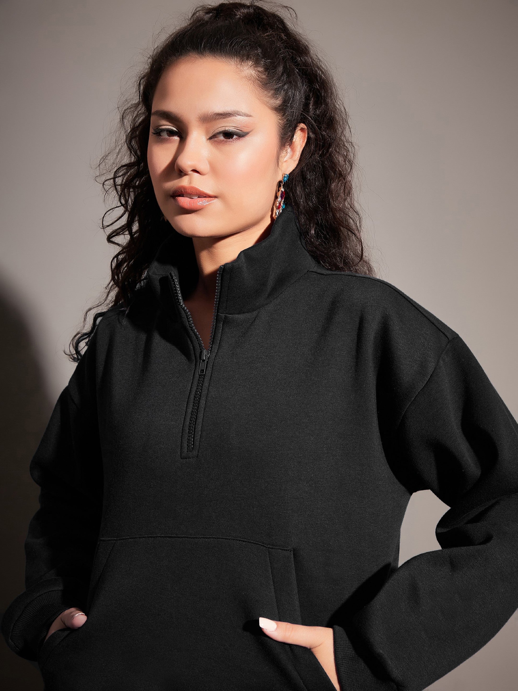 Women Black Fleece Sweatshirt With Joggers-SFSWSH7468_SFPANT50730
