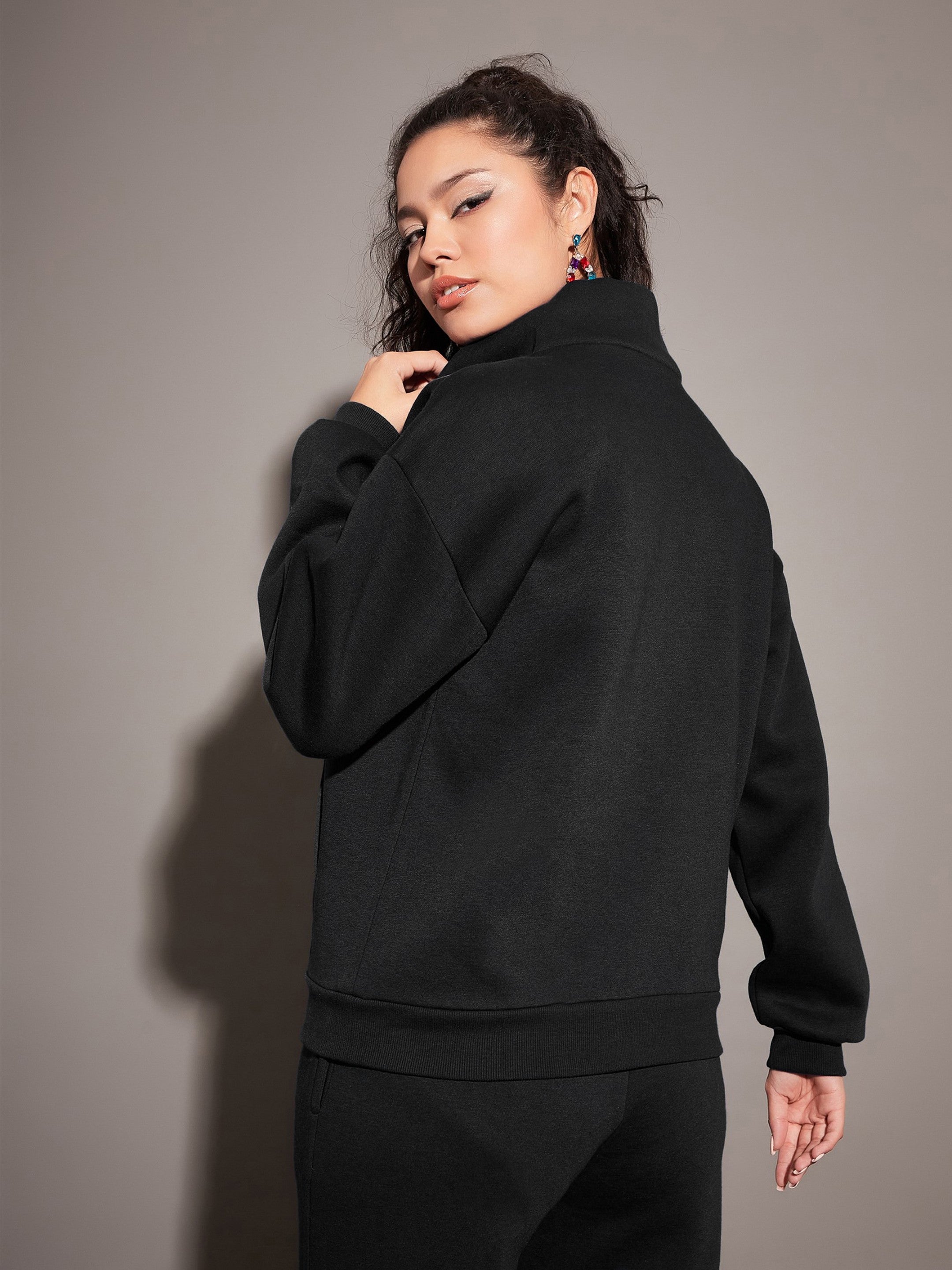 Women Black Fleece Sweatshirt With Joggers-SFSWSH7468_SFPANT50730