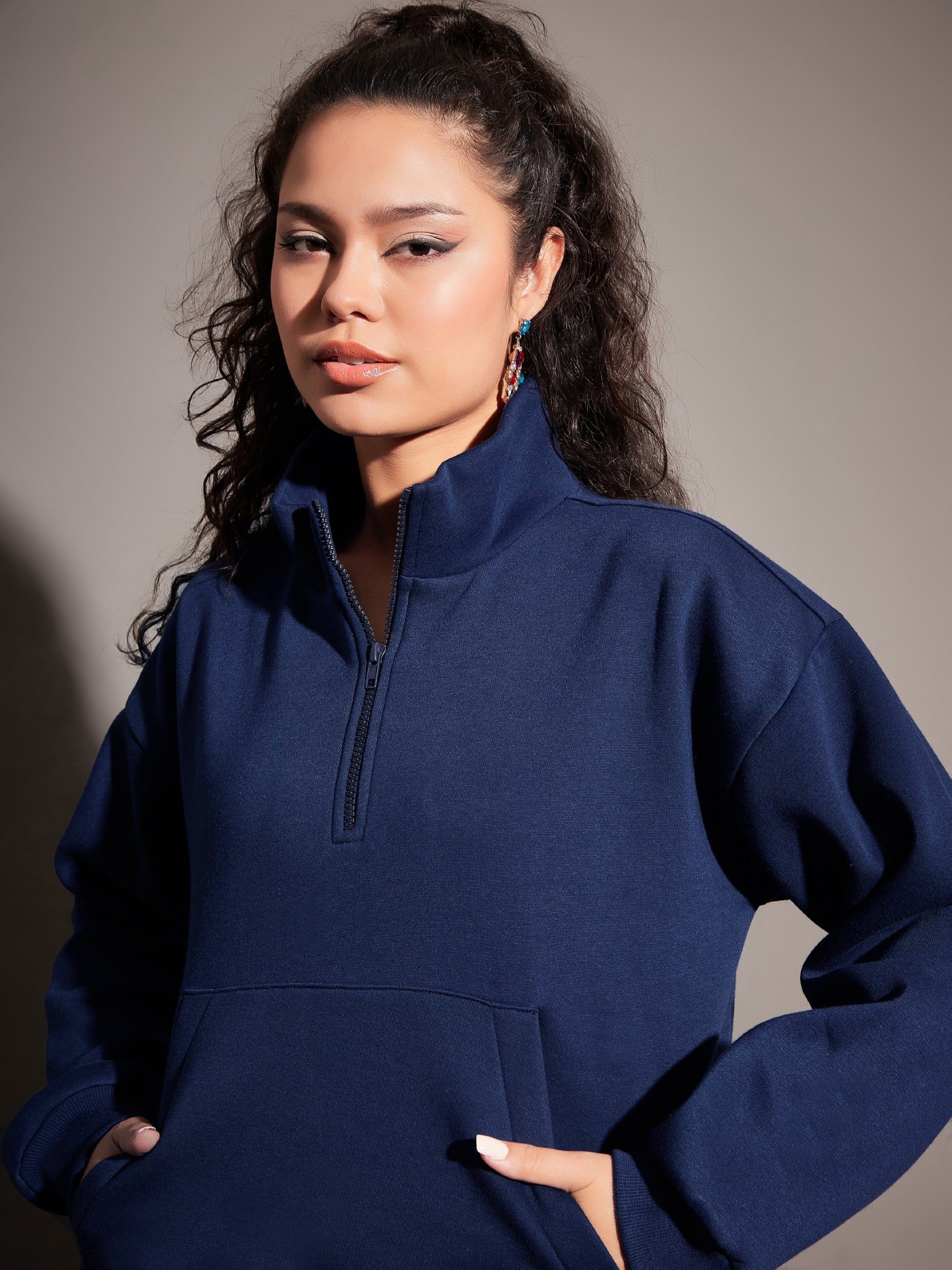 Women Navy Fleece Front Zipper Sweatshirt With Joggers-SFSWSH7469_SFPANT50680
