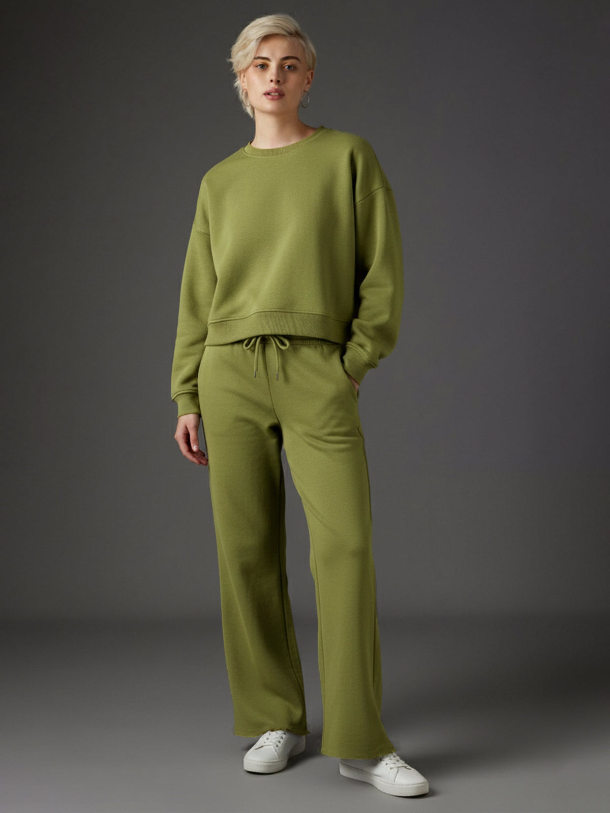 Women Olive Premium Fleece Sweatshirt With Track Pants-SFSWSH7513_SFPANT50683