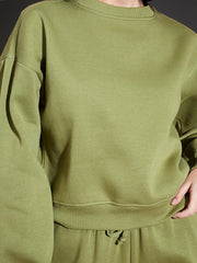 Women Olive Premium Fleece Sweatshirt With Track Pants-SFSWSH7513_SFPANT50683