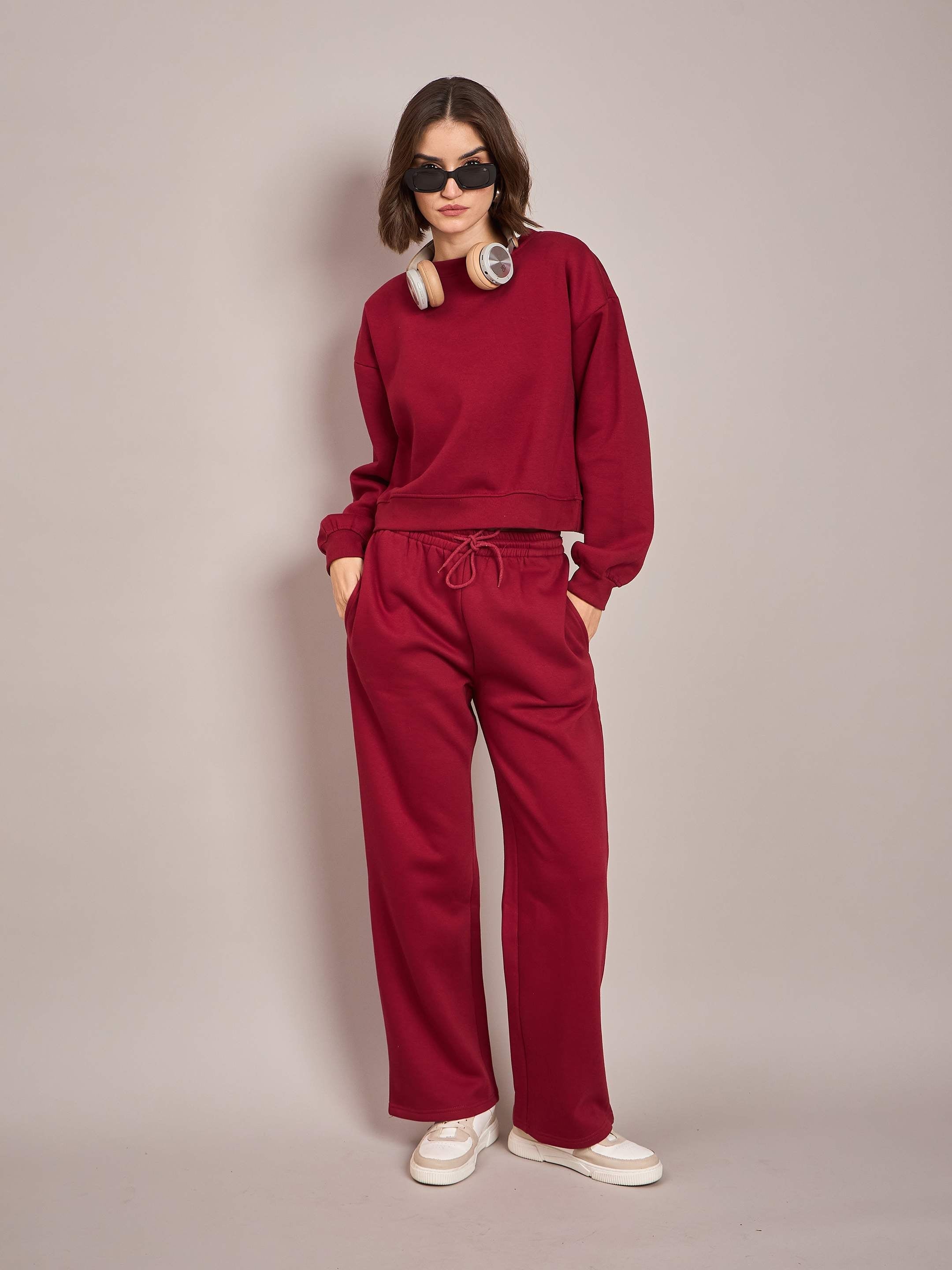 Women Maroon Premium Fleece Oversized Sweatshirt With Track Pant-SFSWSH7514_SFPANT50684