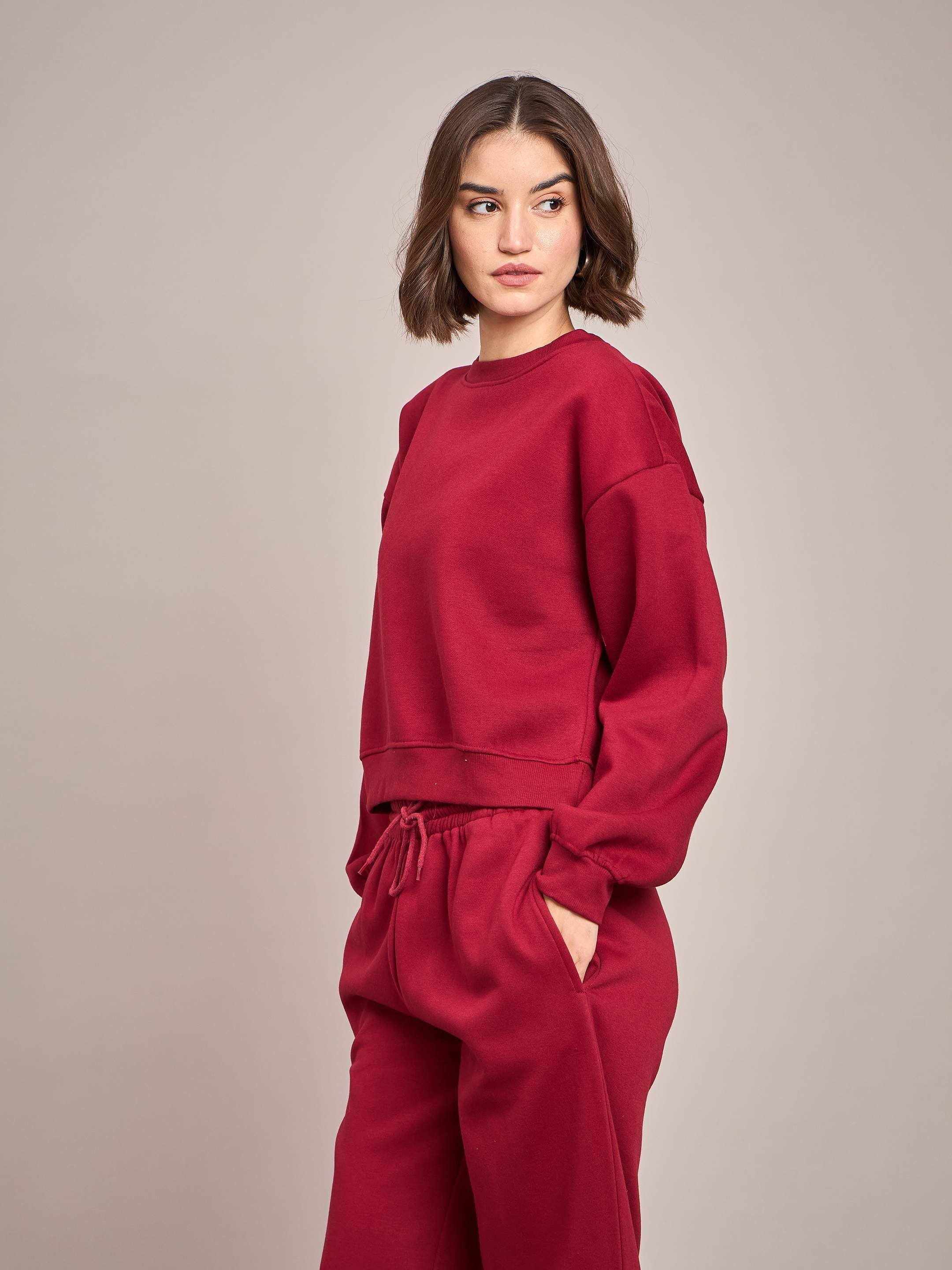 Women Maroon Premium Fleece Oversized Sweatshirt With Track Pant-SFSWSH7514_SFPANT50684