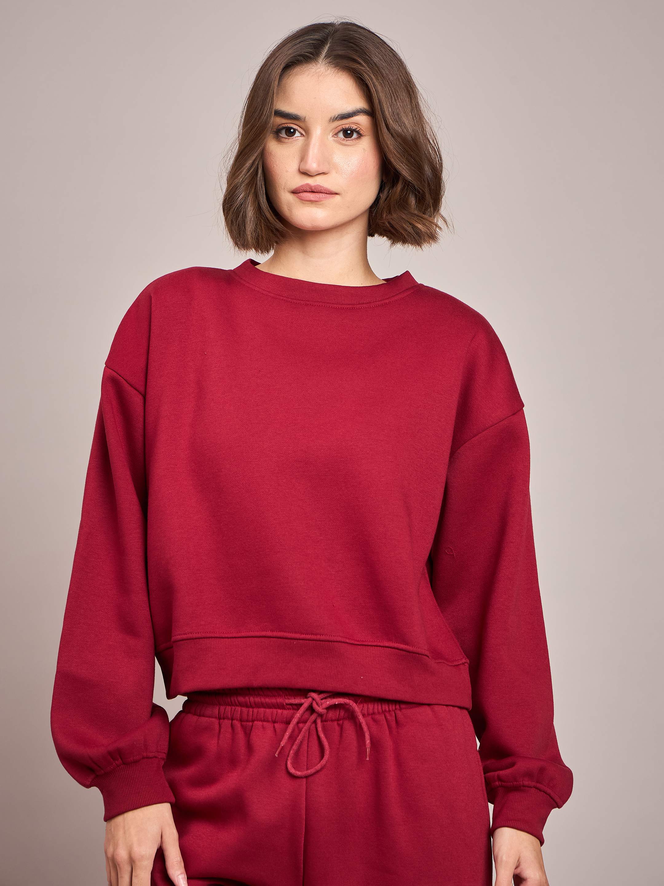 Women Maroon Premium Fleece Oversized Sweatshirt With Track Pant-SFSWSH7514_SFPANT50684