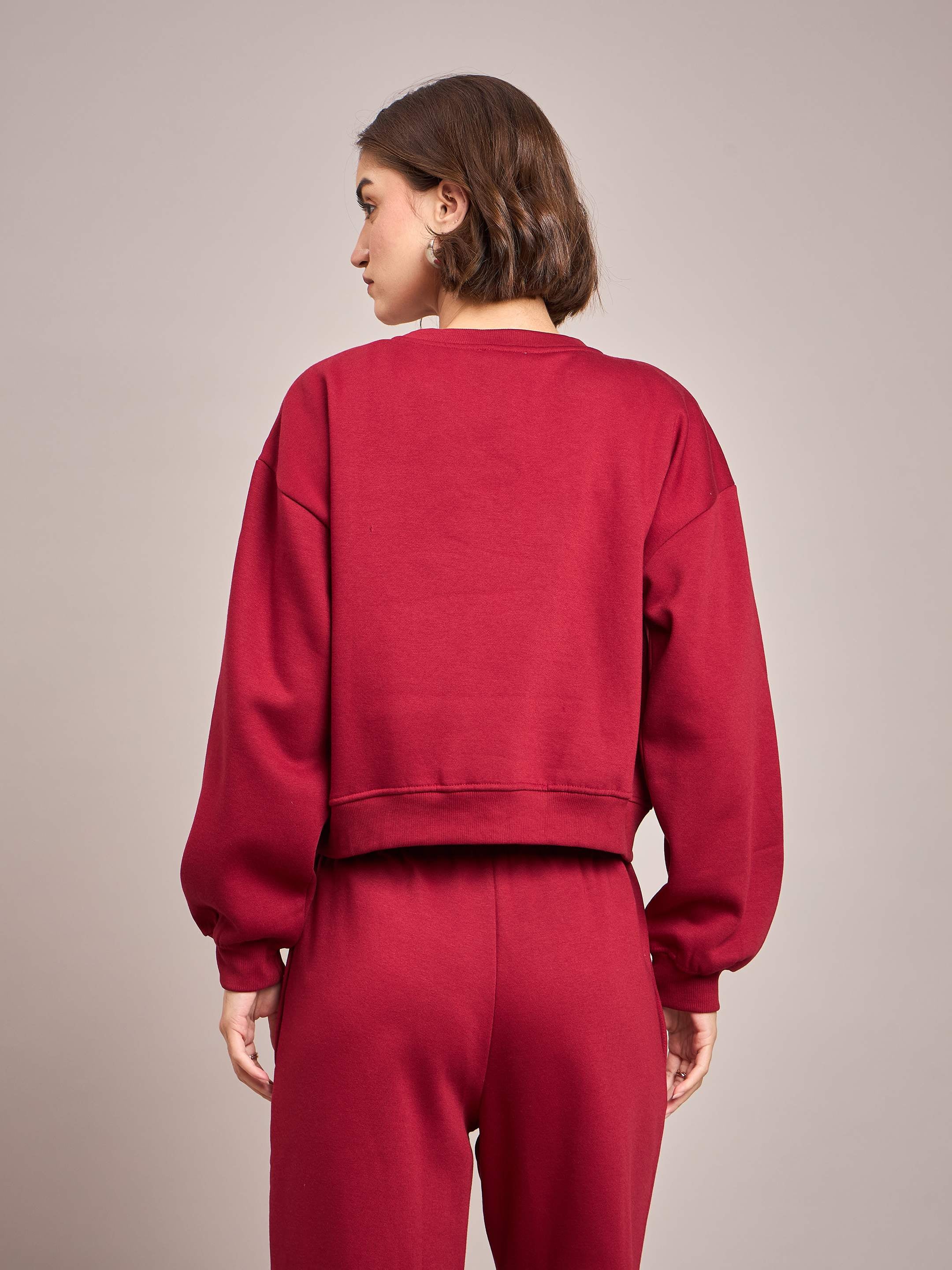 Women Maroon Premium Fleece Oversized Sweatshirt With Track Pant-SFSWSH7514_SFPANT50684