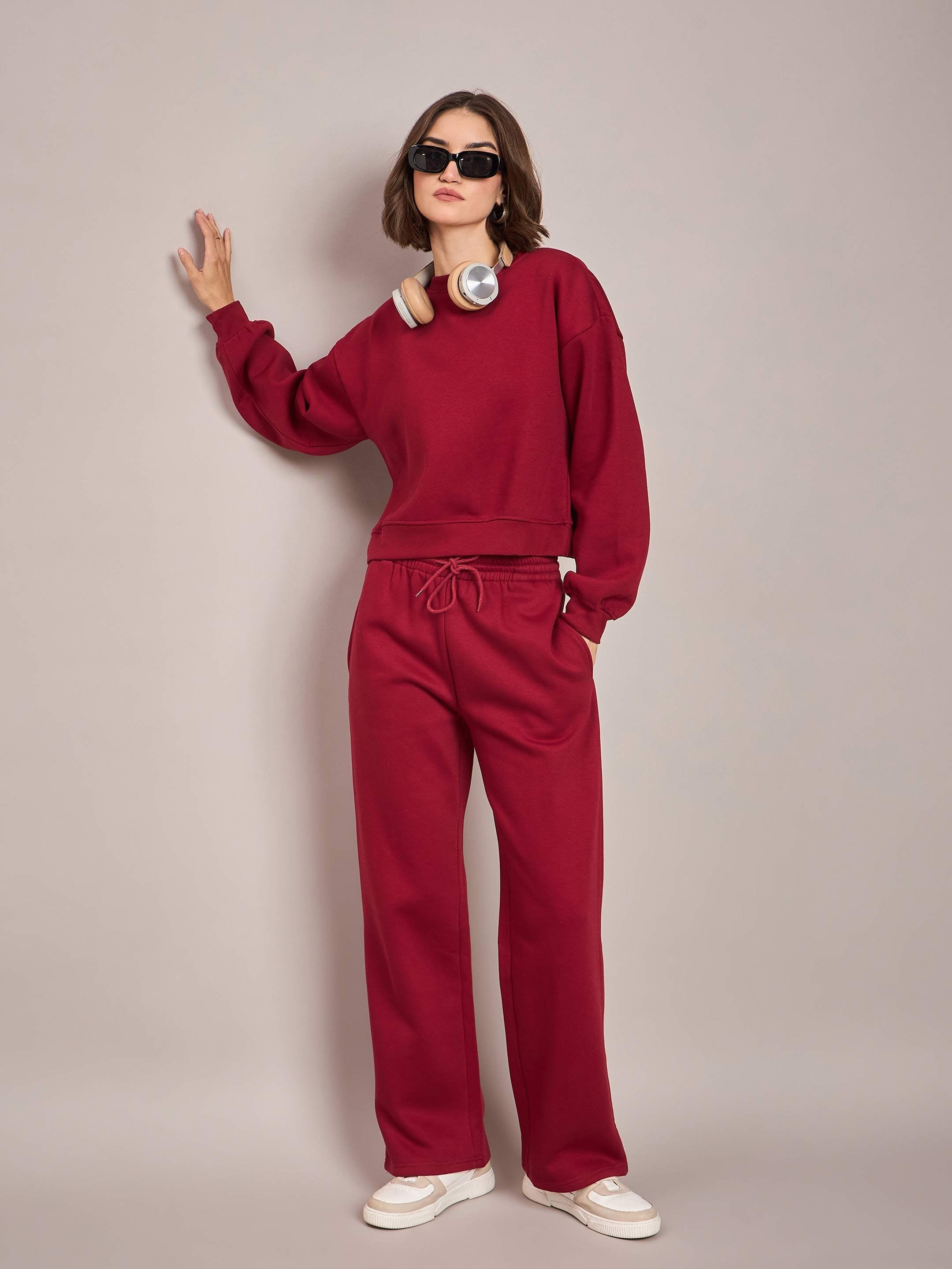 Women Maroon Premium Fleece Oversized Sweatshirt With Track Pant-SFSWSH7514_SFPANT50684