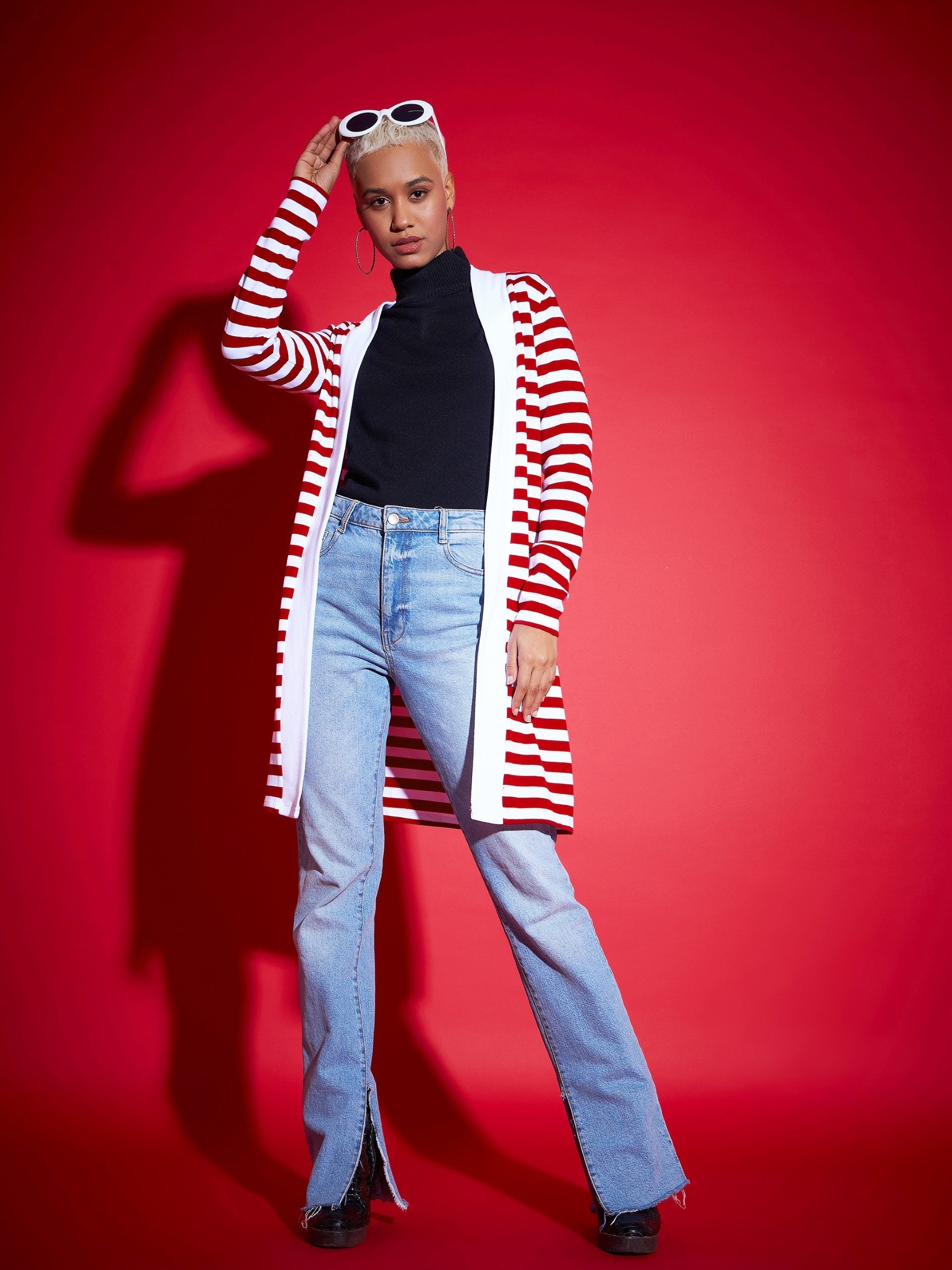 Women Red & White Striped Front Open Sweater-SFSWSH7527