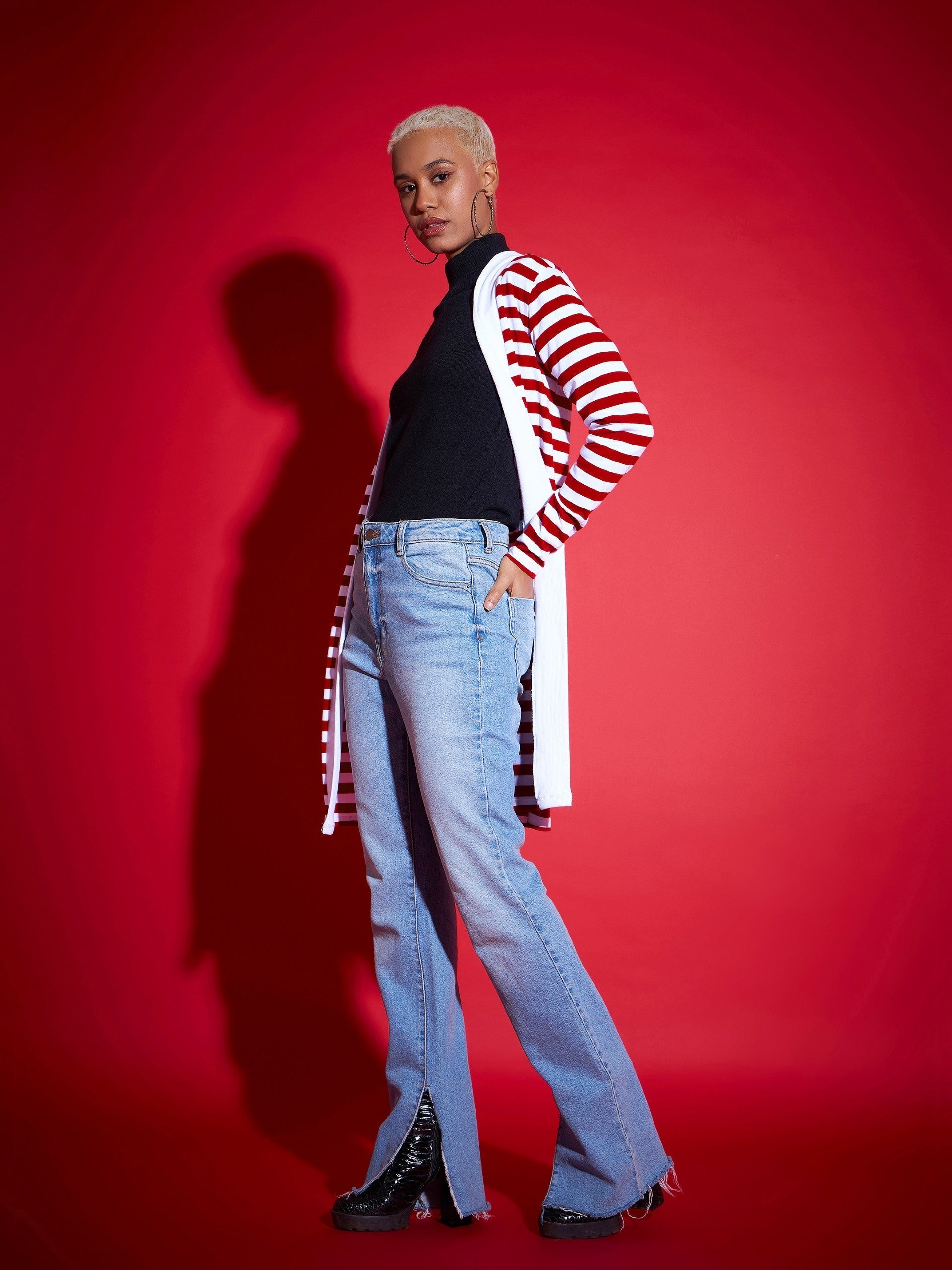 Women Red & White Striped Front Open Sweater-SFSWSH7527