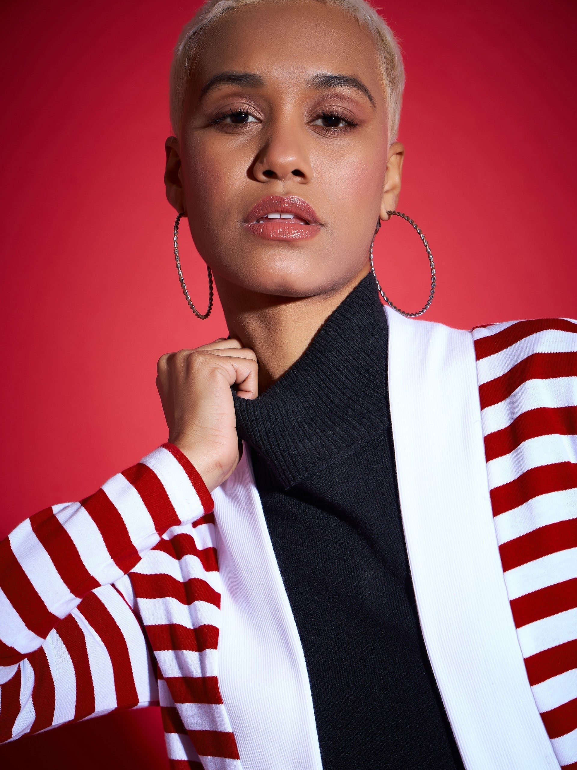 Women Red & White Striped Front Open Sweater-SFSWSH7527