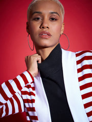 Women Red & White Striped Front Open Sweater-SFSWSH7527