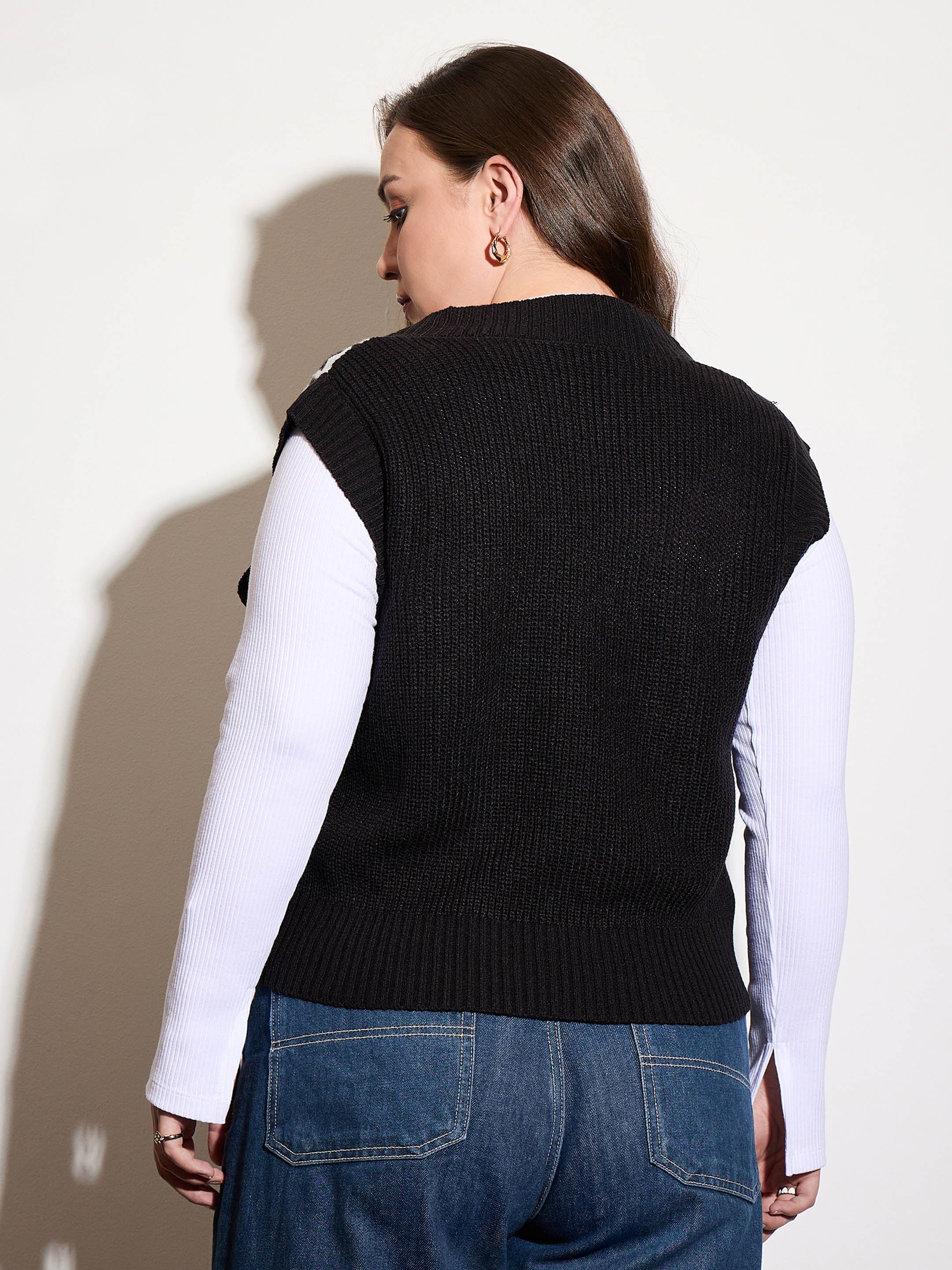 Women Black Houndstooth V-Neck Sweater Vest-SFSWSH7551