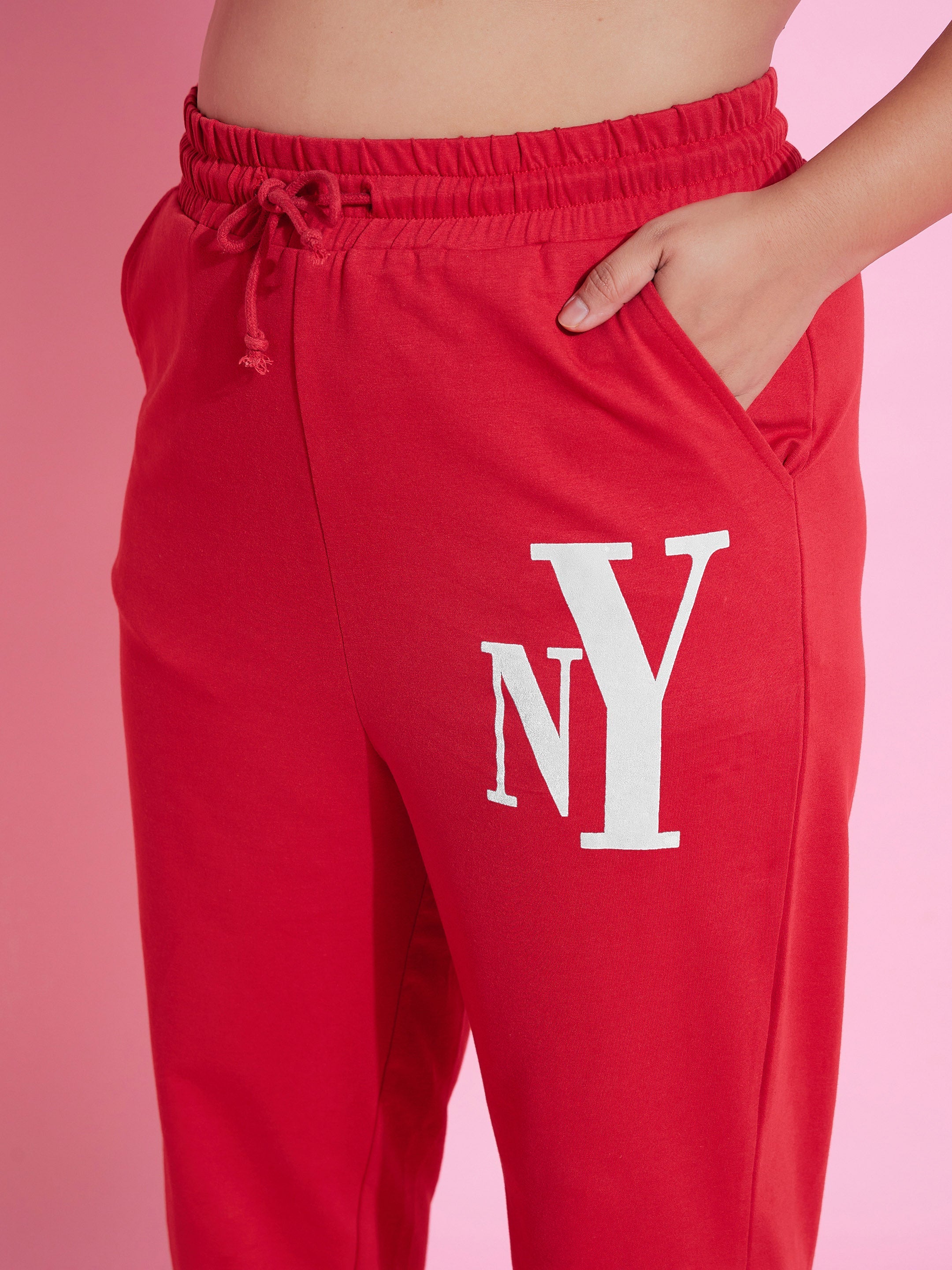 Women Red NEW YOKE Terry Hoodie With Joggers-SFSWSH7562_SFPANT50918