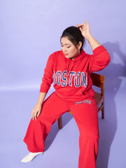 Women Red Fleece BOSTON Hoodie With Track Pants-SFSWSH7566_SFPANT50922