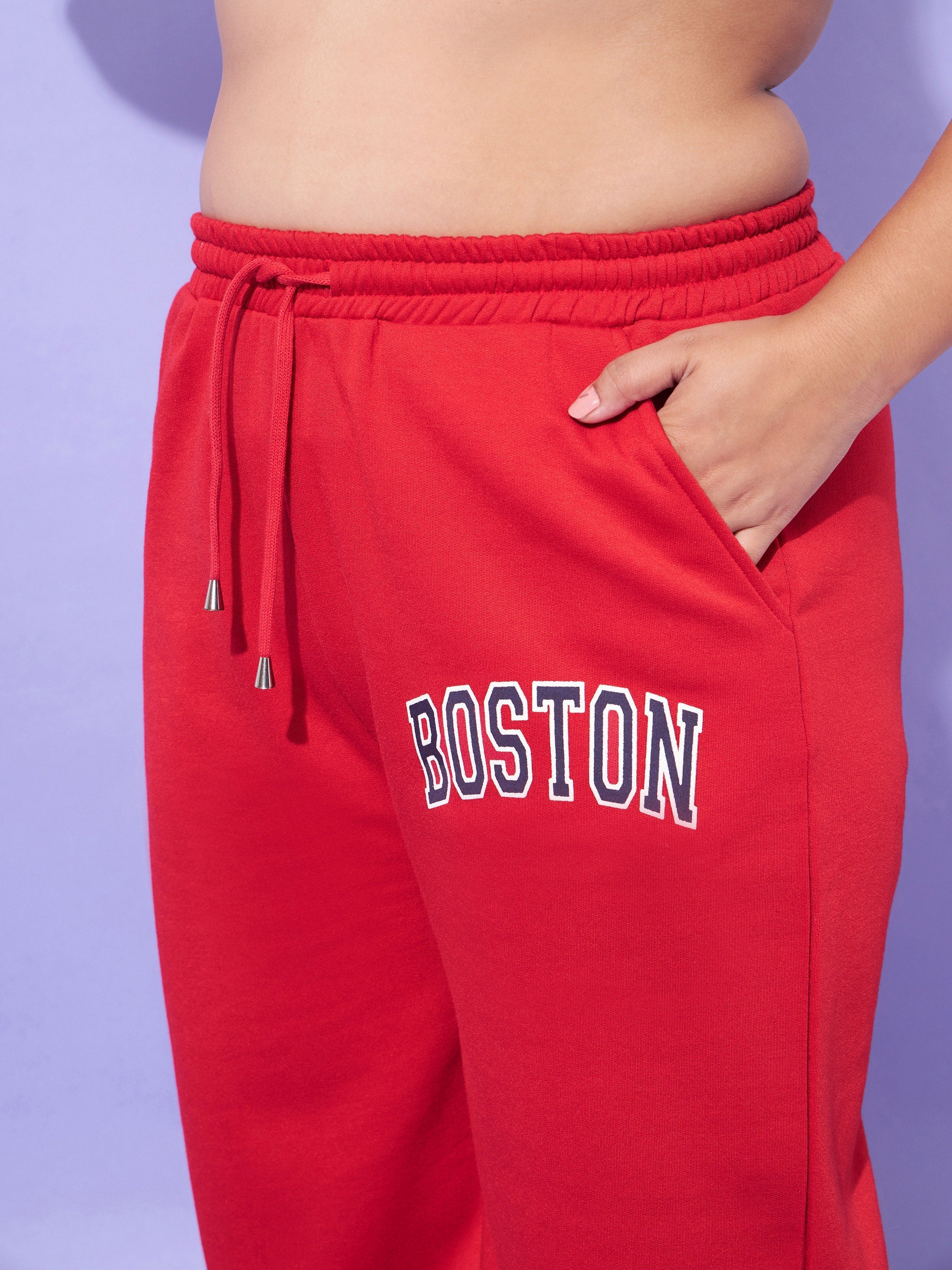 Women Red Fleece BOSTON Hoodie With Track Pants-SFSWSH7566_SFPANT50922
