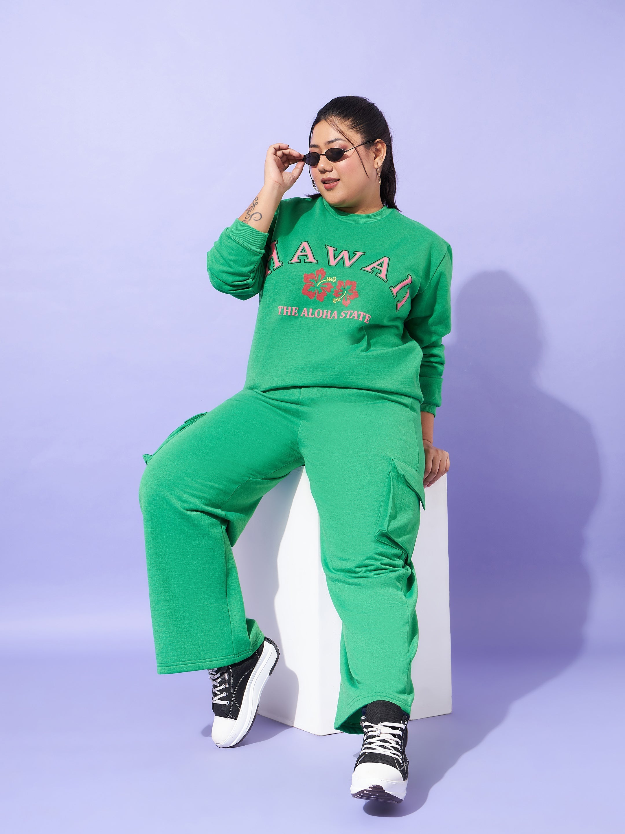 Women Green Fleece HAWAII Sweatshirt With Track Pants-SFSWSH7572_SFPANT50928