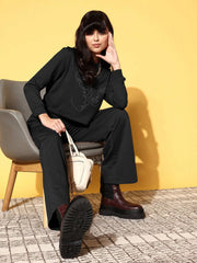 Women Black Terry Crop Sweatshirt With Track Pant-SFSWSH7580_SFPANT50960