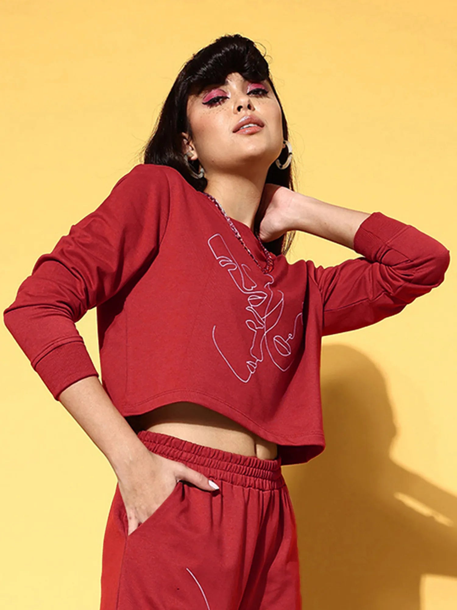Red Terry Line Art Crop Sweatshirt | Women's Printed Comfort Fit