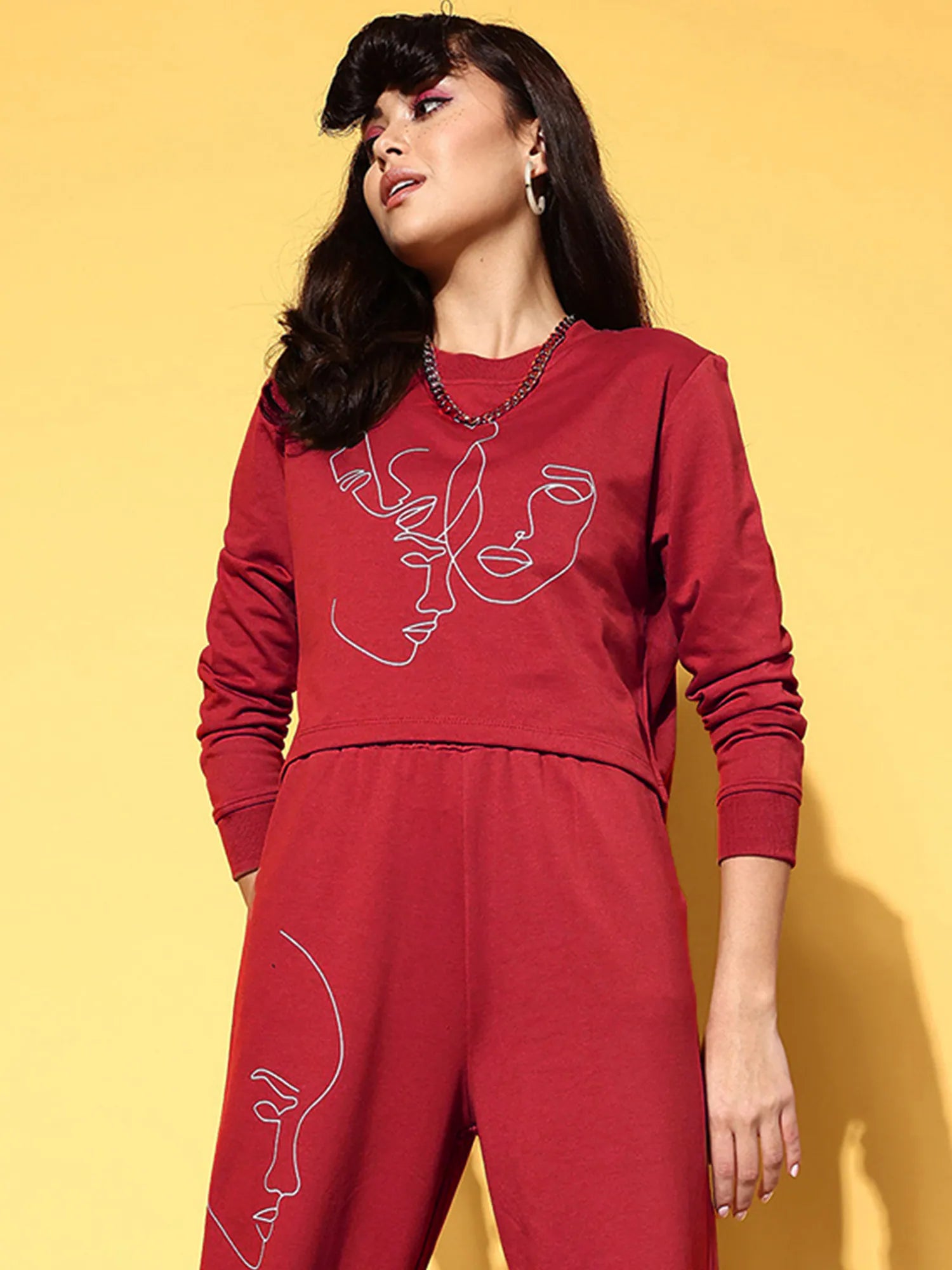 Red Terry Line Art Crop Sweatshirt | Women's Printed Comfort Fit