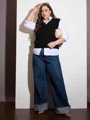 Women Curve Black Solid V-Neck Sweater Vest-SFSWSH7588