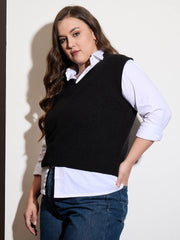 Women Curve Black Solid V-Neck Sweater Vest-SFSWSH7588