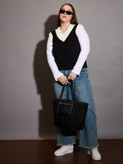 Women Curve Black & White Solid V-Neck Sweater Vest-SFSWSH7591