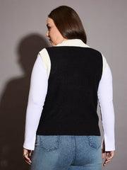 Women Curve Black & White Solid V-Neck Sweater Vest-SFSWSH7591