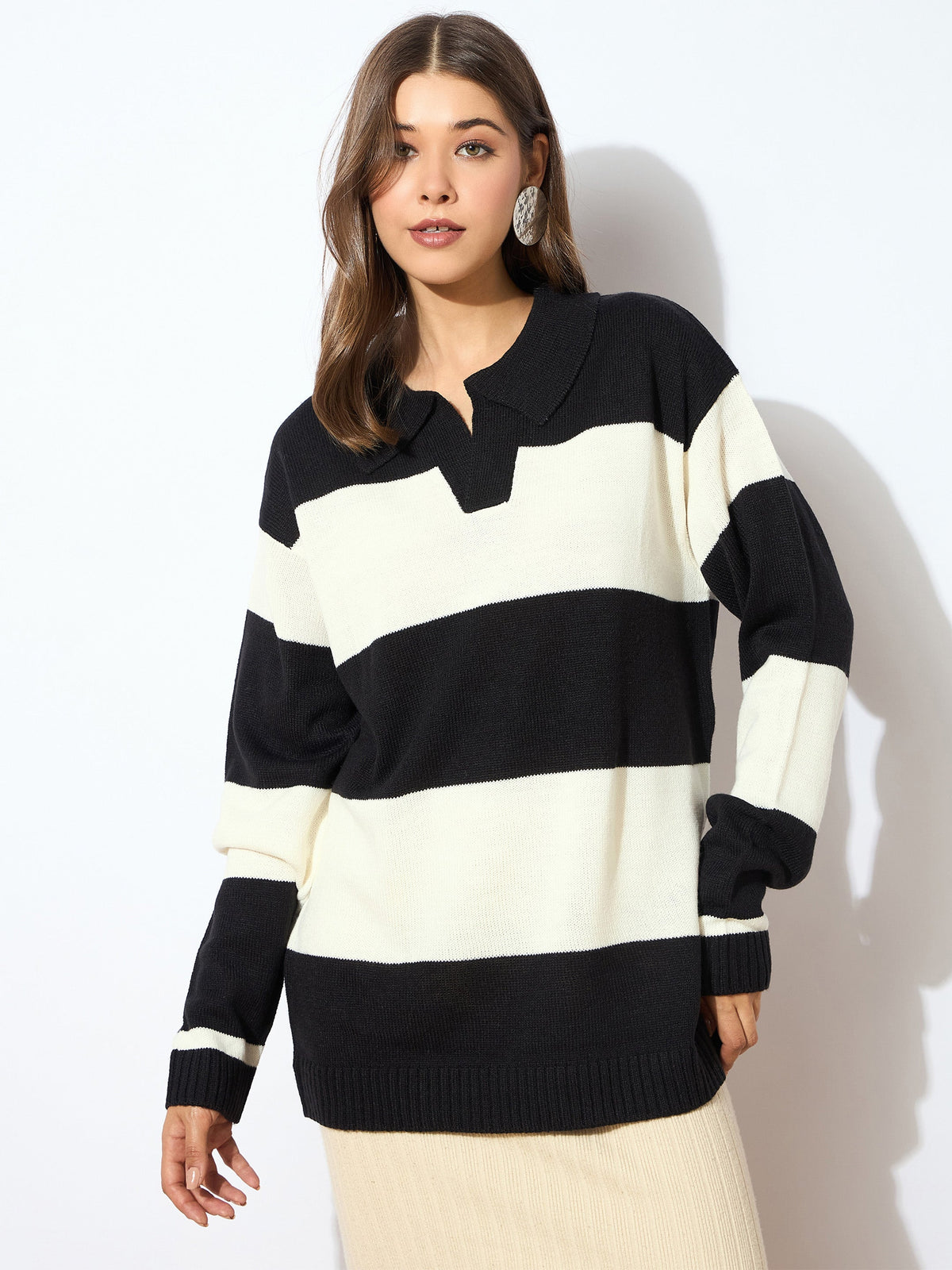 Women Black And White Polo Neck Sweater-SFSWSH7595