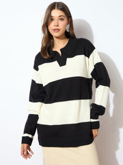Women Black And White Polo Neck Sweater-SFSWSH7595
