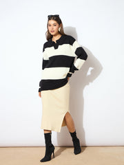 Women Black And White Polo Neck Sweater-SFSWSH7595