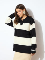 Women Black And White Polo Neck Sweater-SFSWSH7595