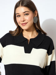 Women Black And White Polo Neck Sweater-SFSWSH7595