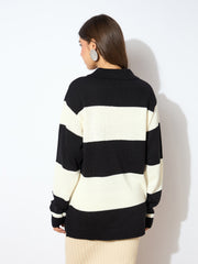 Women Black And White Polo Neck Sweater-SFSWSH7595