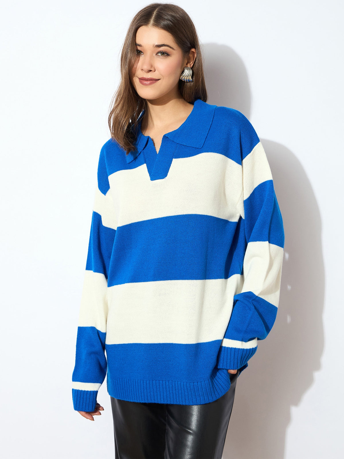 Women Blue And White Polo Neck Sweater-SFSWSH7596