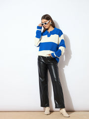 Women Blue And White Polo Neck Sweater-SFSWSH7596